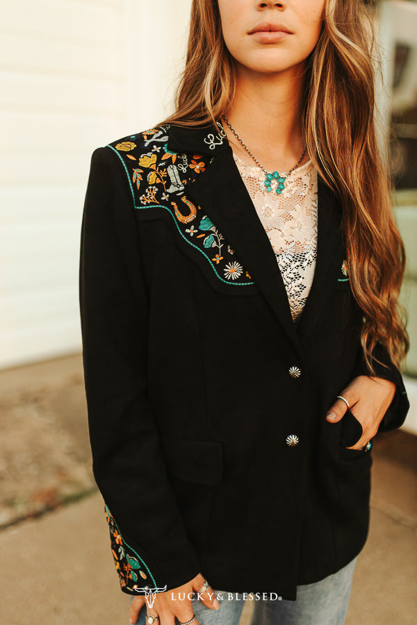 L&B Lucky Embroidered Western Blazer- Black