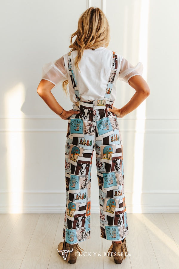L&B Western Collage Print Cropped Overalls