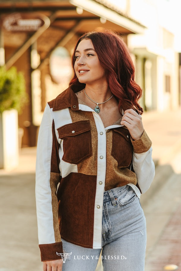 L&B Multi Fabric Patchwork Pearl Snap Shirt/Jacket- RUNS SMALL