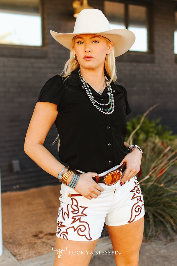 L&B Ivory Denim Shorts with Boot Stitch Embroidery