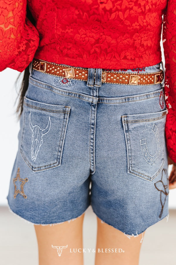 L&B Mid Wash Western Embroidered Denim Shorts
