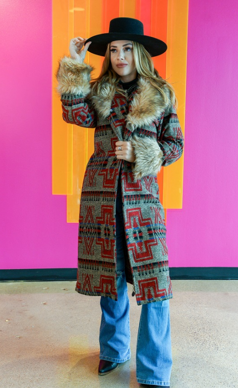 L&B Red Aztec Duster with Removable Fur