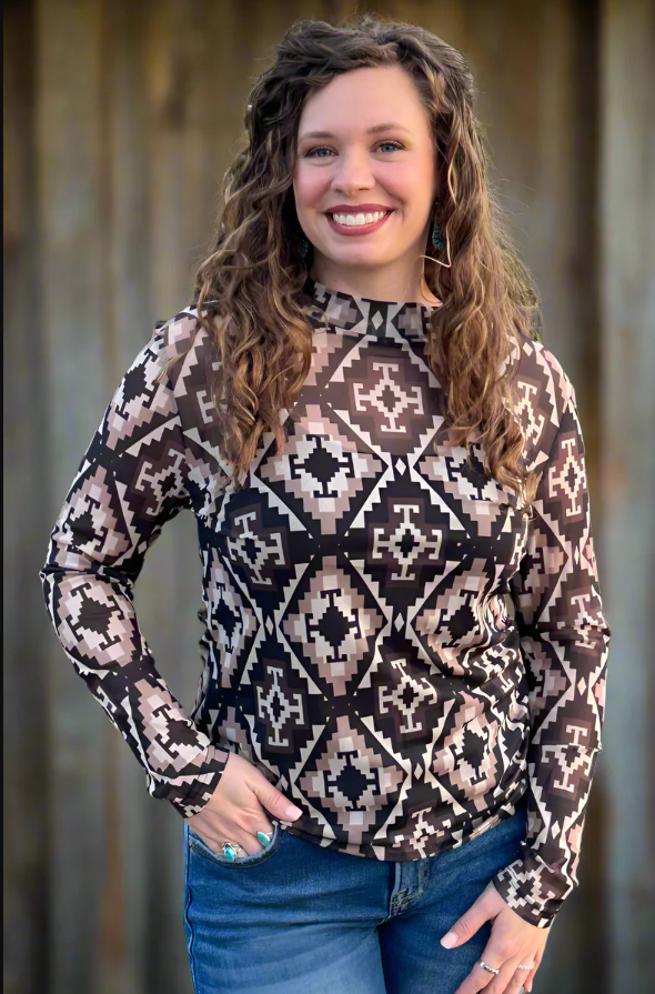 Back to Tulsa Brown Aztec Mesh Long Sleeve Top