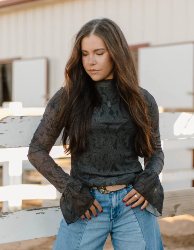 Tooled in Black Mesh Top