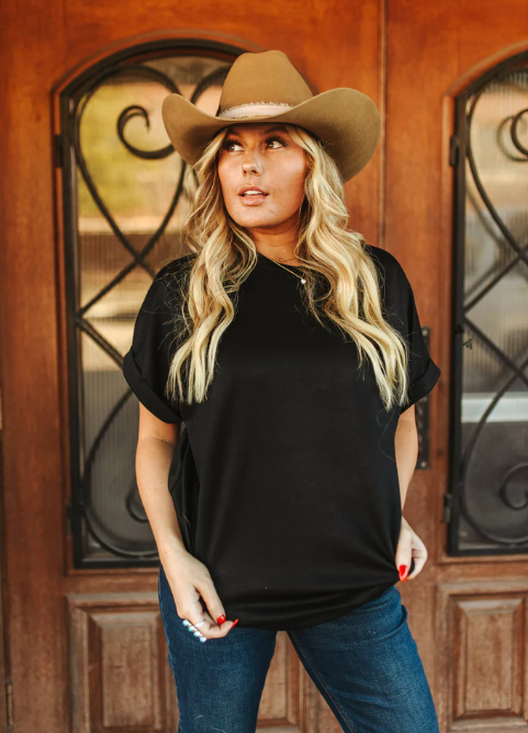 2Fly Cloud Basic Mom Cuff Sleeve Top- Midnight Black