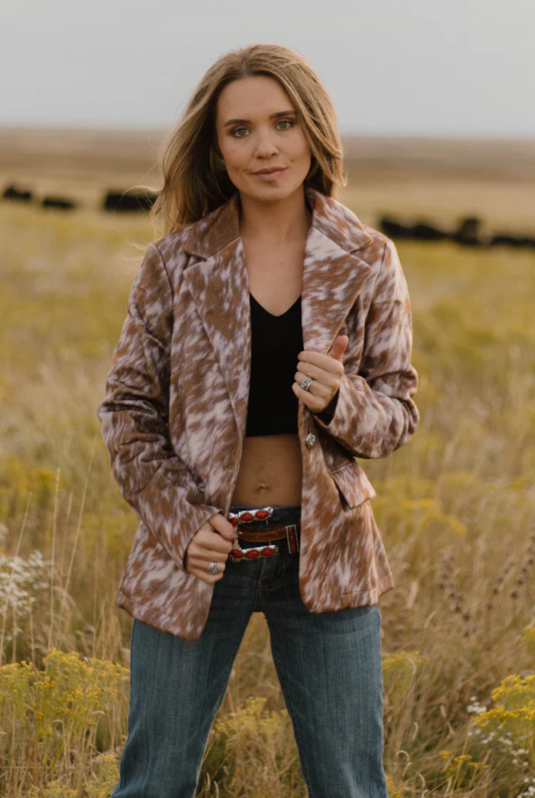 Sterling Kreek Cows Come Home Cow Print Blazer