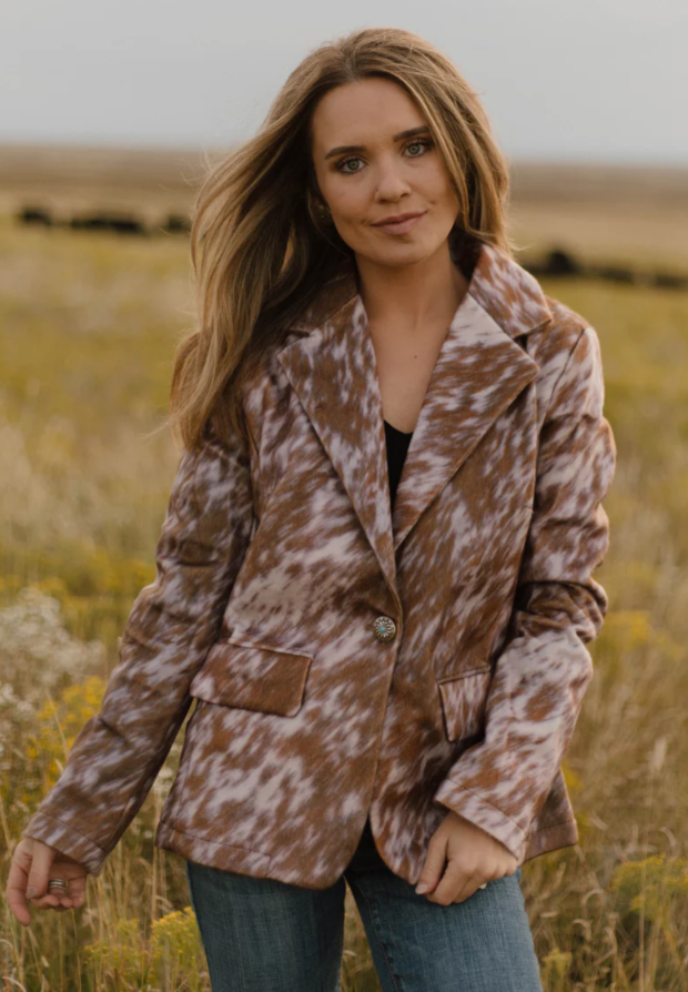 Sterling Kreek Cows Come Home Cow Print Blazer