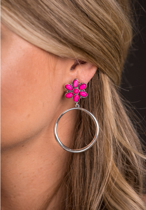 West & Co Silver Dangle Hoop Earring On Pink Flower Post