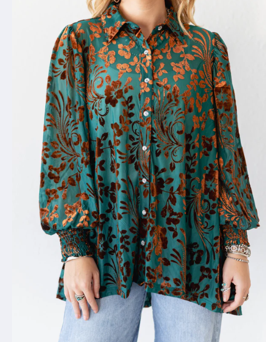 Turquoise & Chocolate Velvet Boho Blouse
