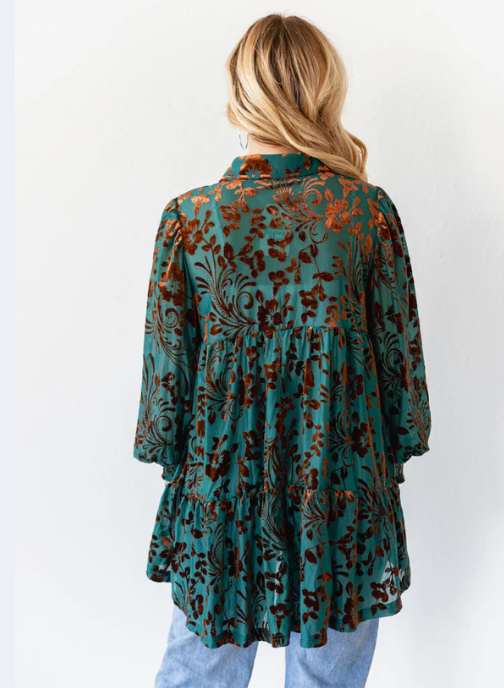 Turquoise & Chocolate Velvet Boho Blouse