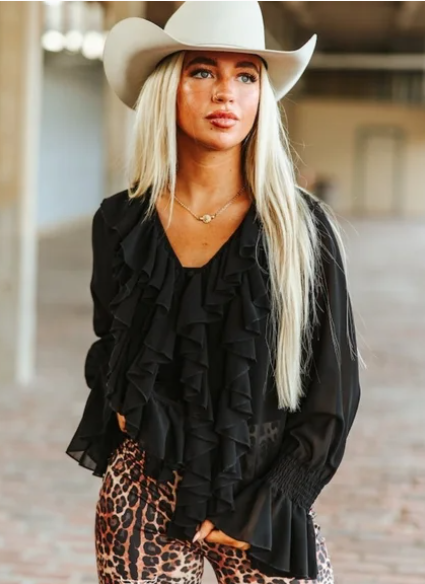 L&B Black Western  Chiffon Ruffle Top