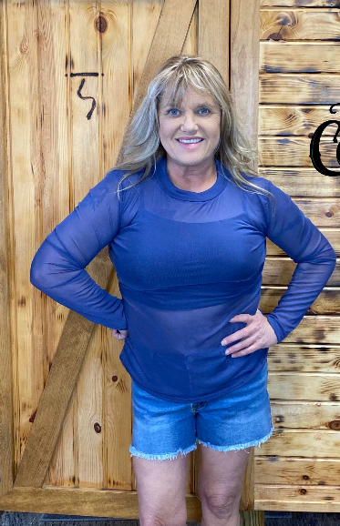 L&B Denim blue Mesh Long Sleeve Top