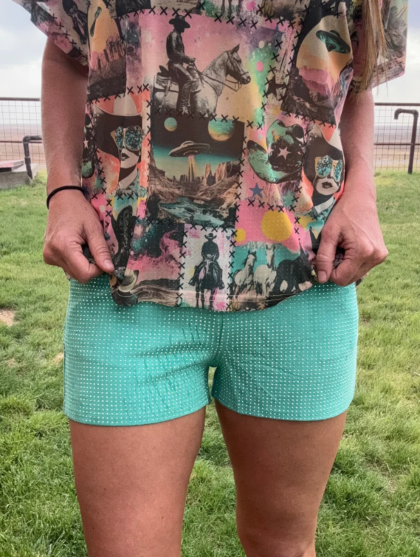 Jitterbug Rhinestone Shorts- Turquoise