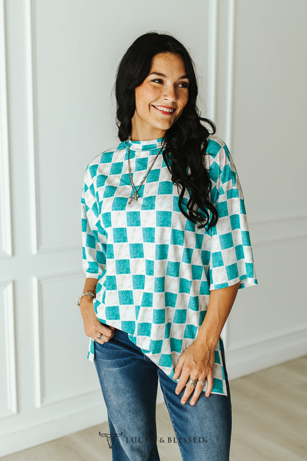 SALE- L&B Turquoise Checkered Oversized Top