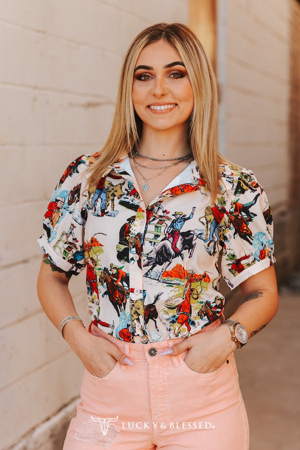 L&B Western Print Puff Sleeve Top