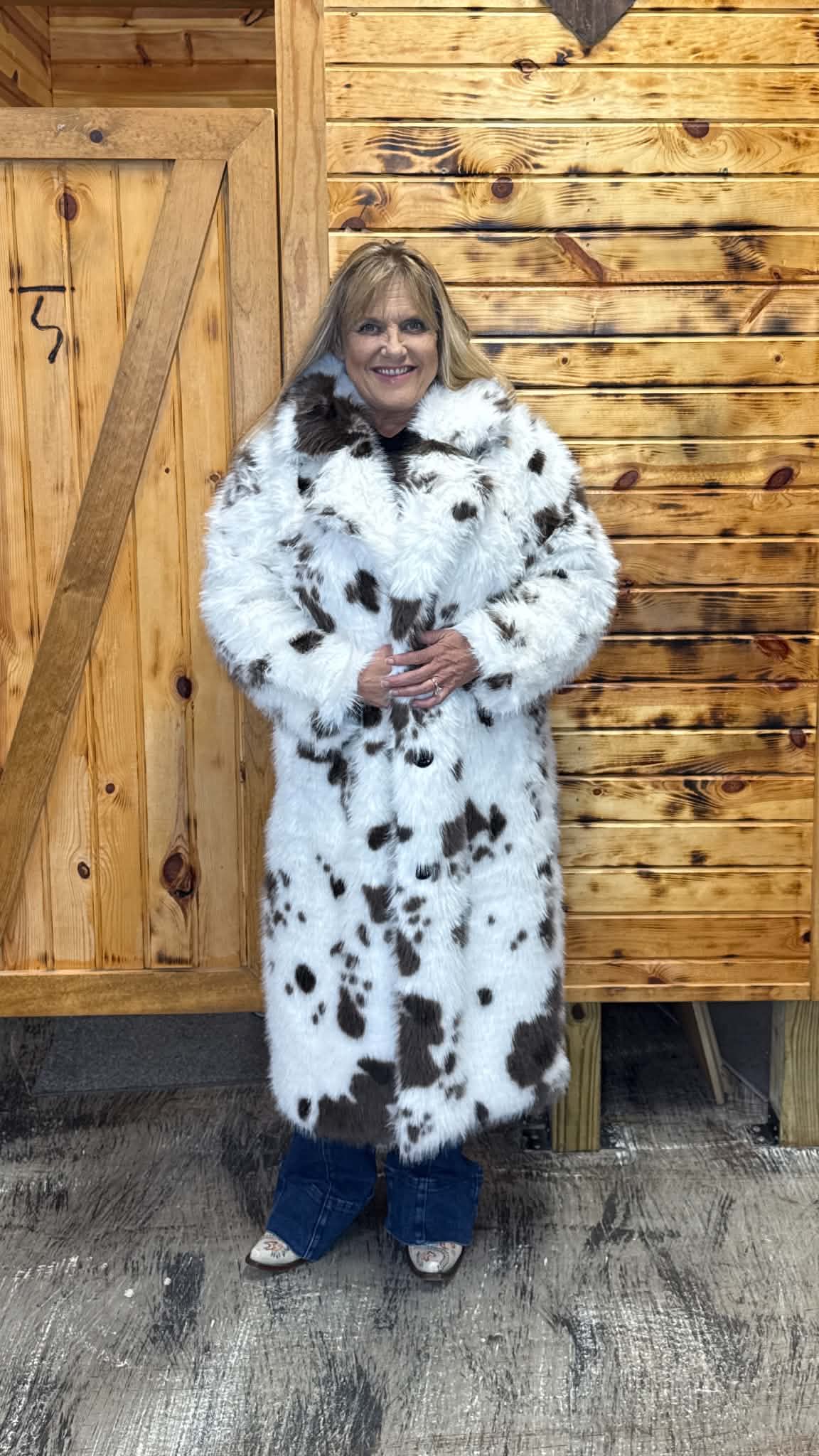 L&B Faux Fur Cow Print Duster