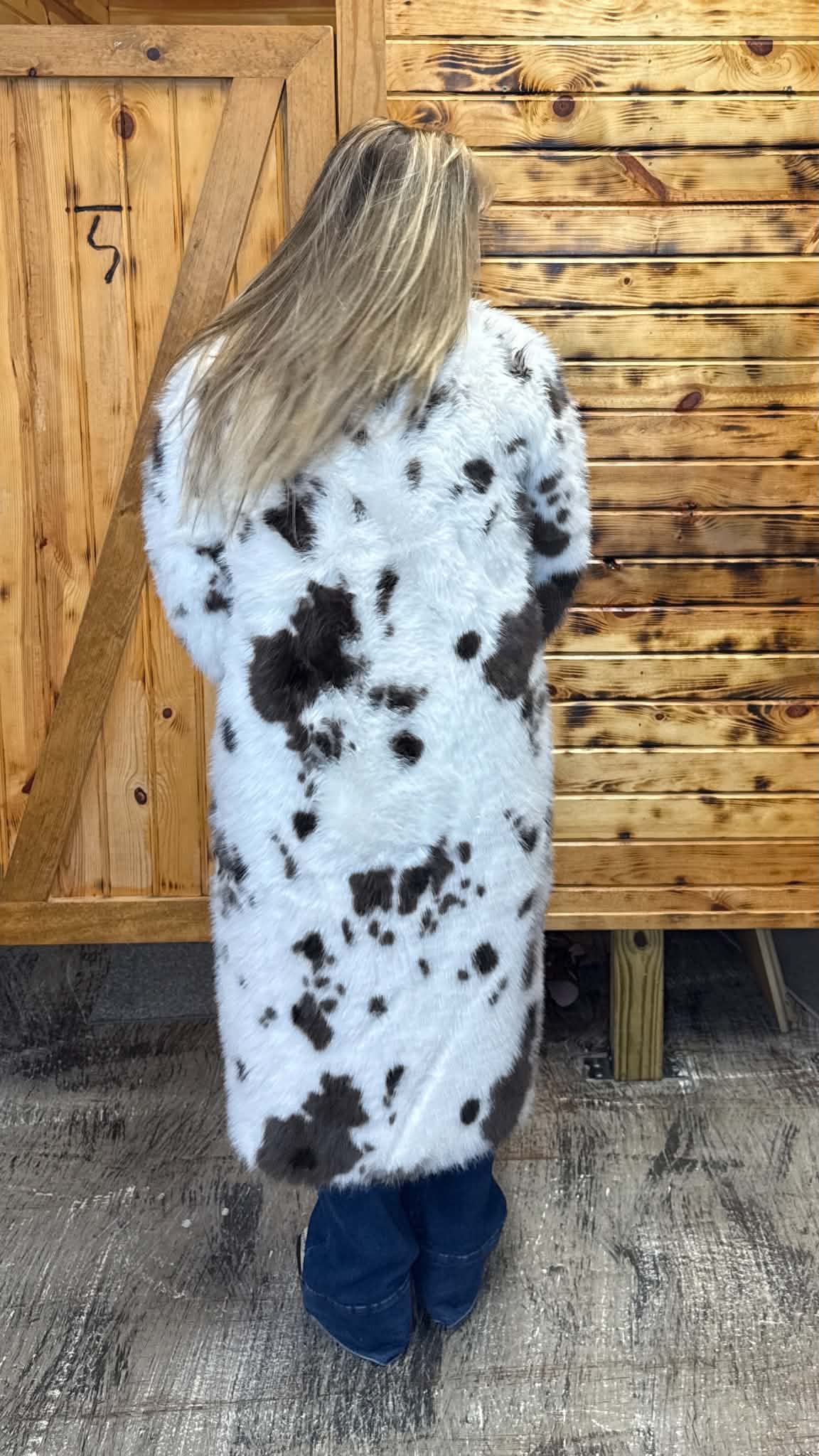 L&B Faux Fur Cow Print Duster
