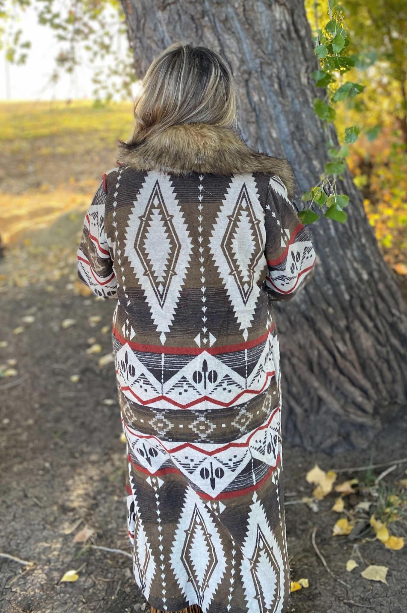 L&B Brown Aztec Duster/ Coat with Removable Fur