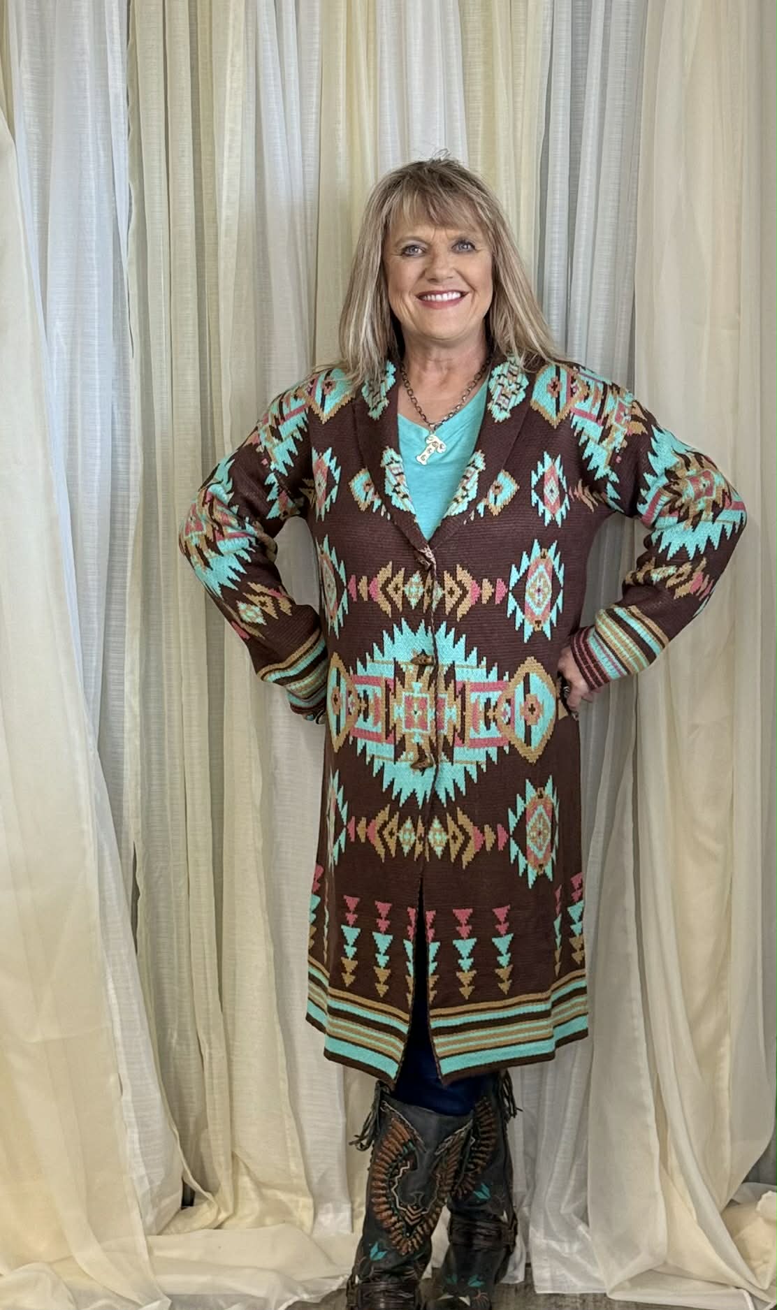 Brown & Turquoise Knitted Cardigan
