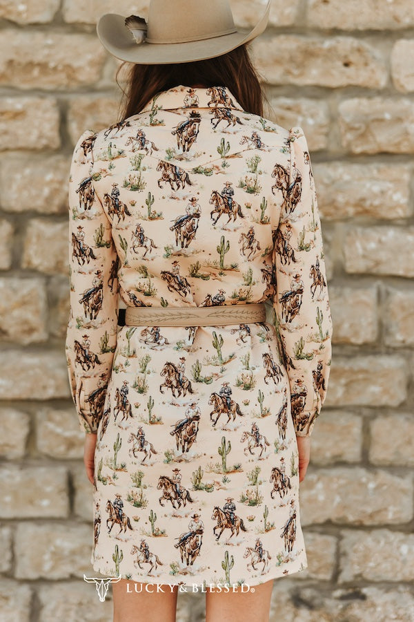 L&B Western Print Pearl Snap Dress with Horse Twilly