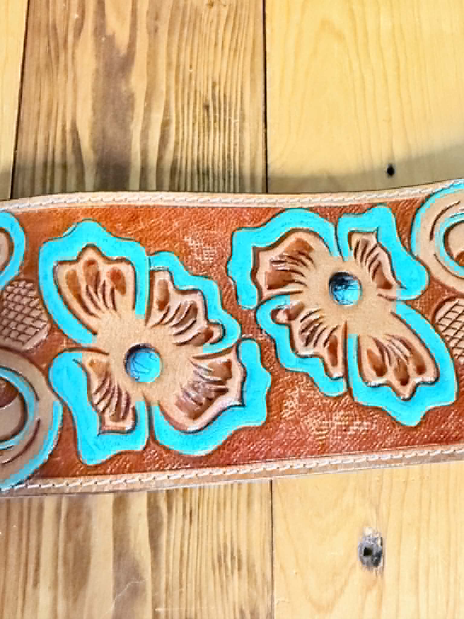 L&B Wide Leather Belt - Brown with Turquoise Detail and Stones
