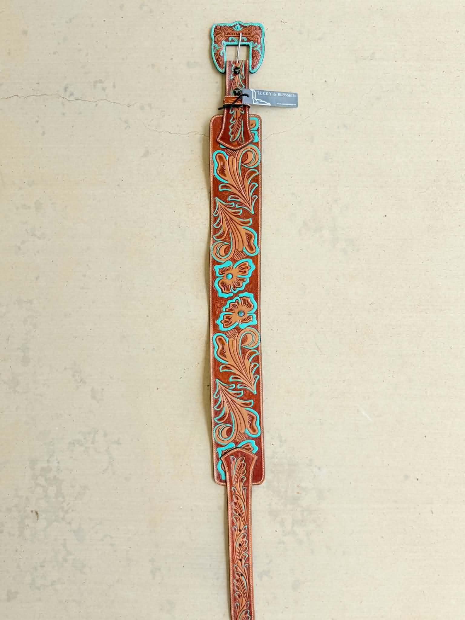 L&B Wide Leather Belt - Brown with Turquoise Detail and Stones