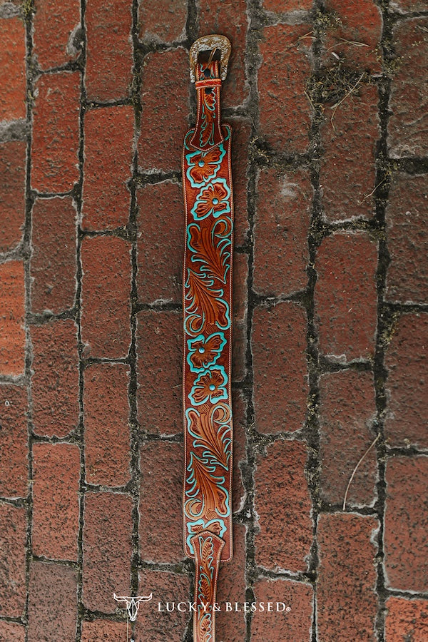 L&B Wide Leather Belt - Brown with Turquoise Detail and Stones