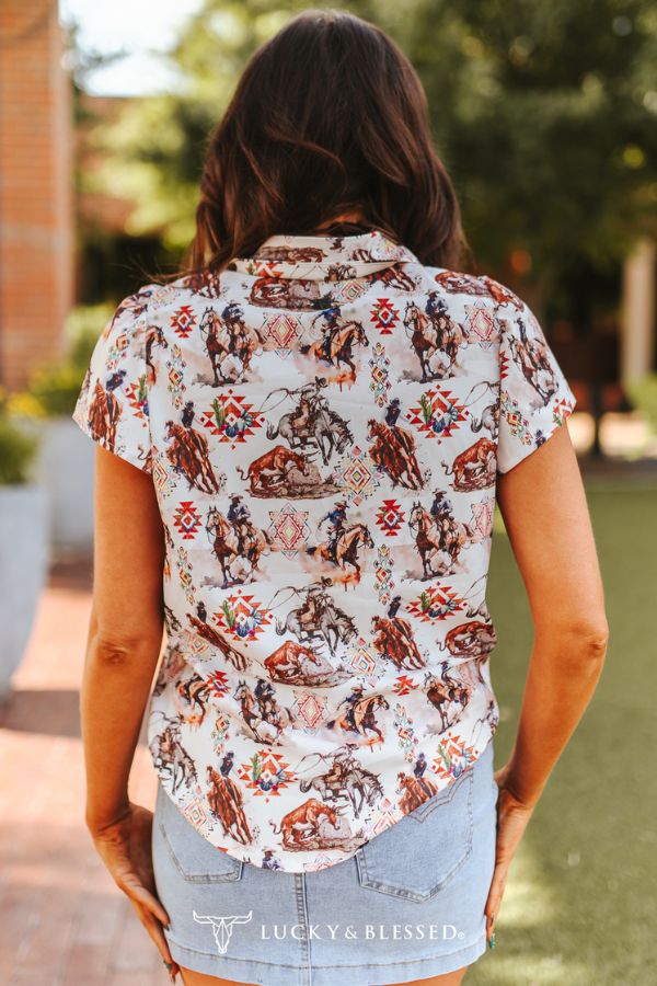 L&B Western Print Ruffle Sleeve  Top