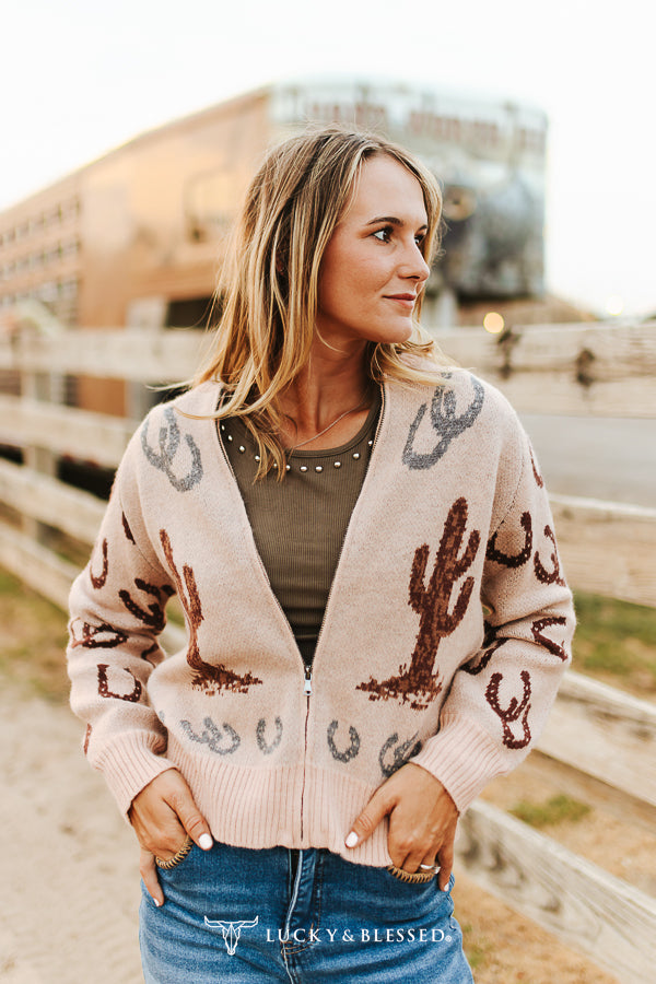L&B Beige Western Zip Front Sweater