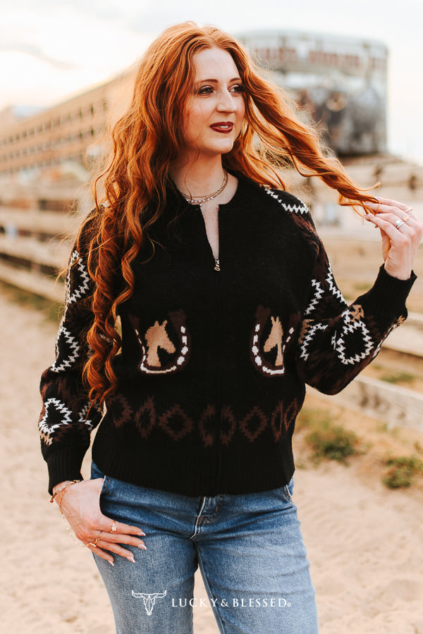 L&B Black Western Zip front Sweater