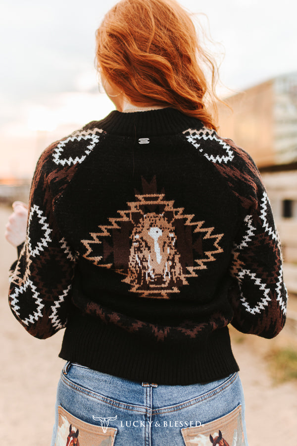 L&B Black Western Zip front Sweater