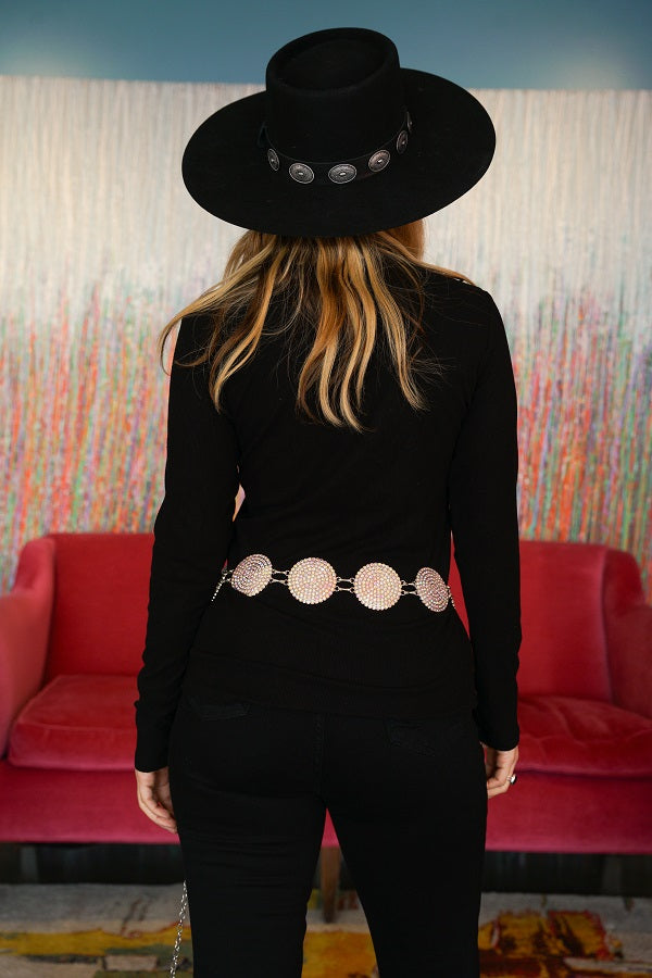 Black Ribbed Long Sleeve Top with Concho Buttons