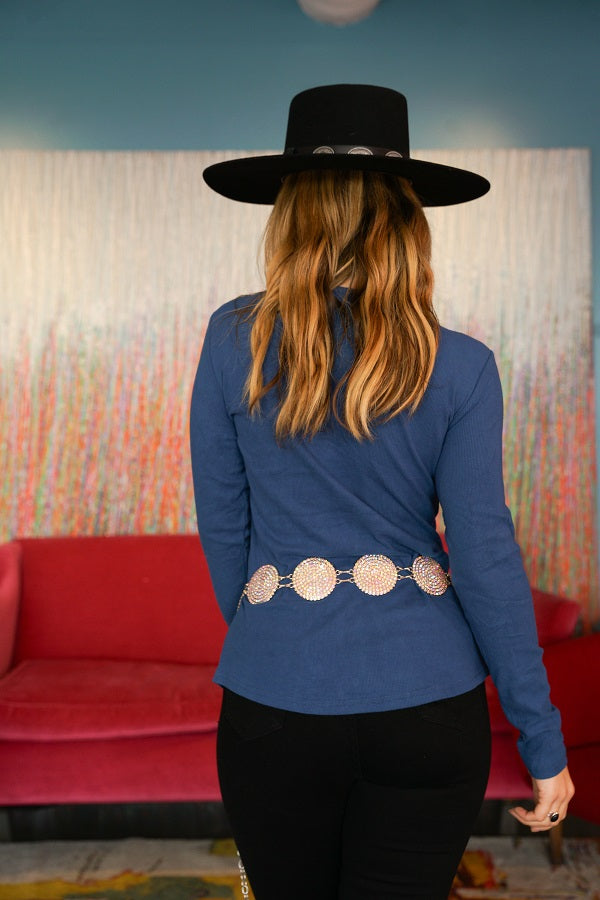 Blue Ribbed Long Sleeve Top with Concho Buttons