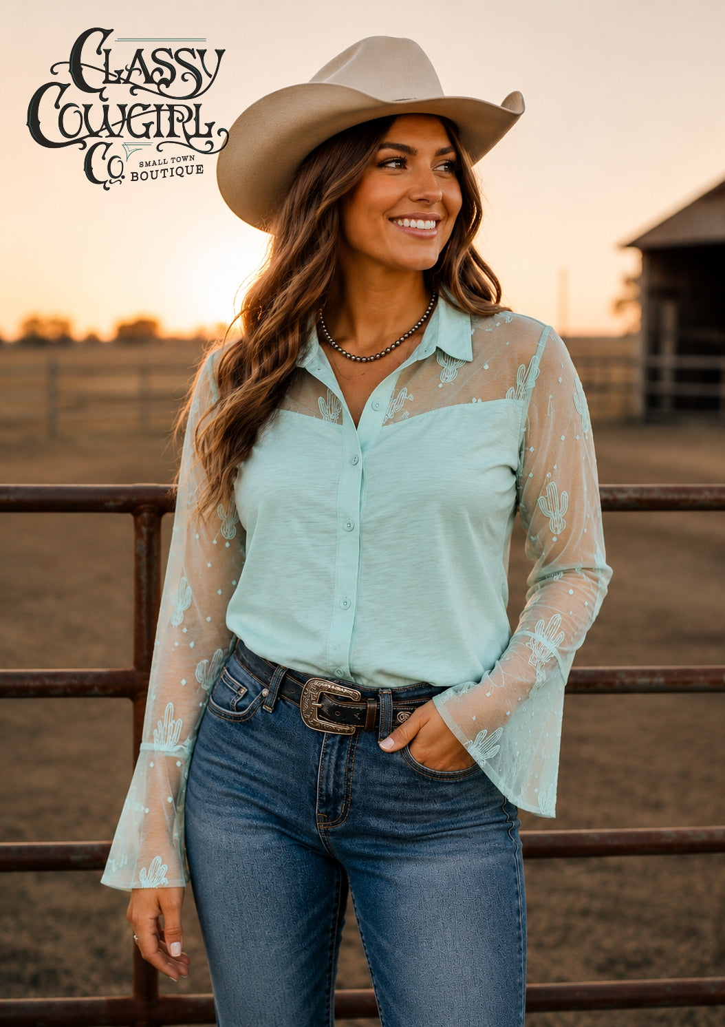 L&B Mint Button Up with Lace  Sleeves