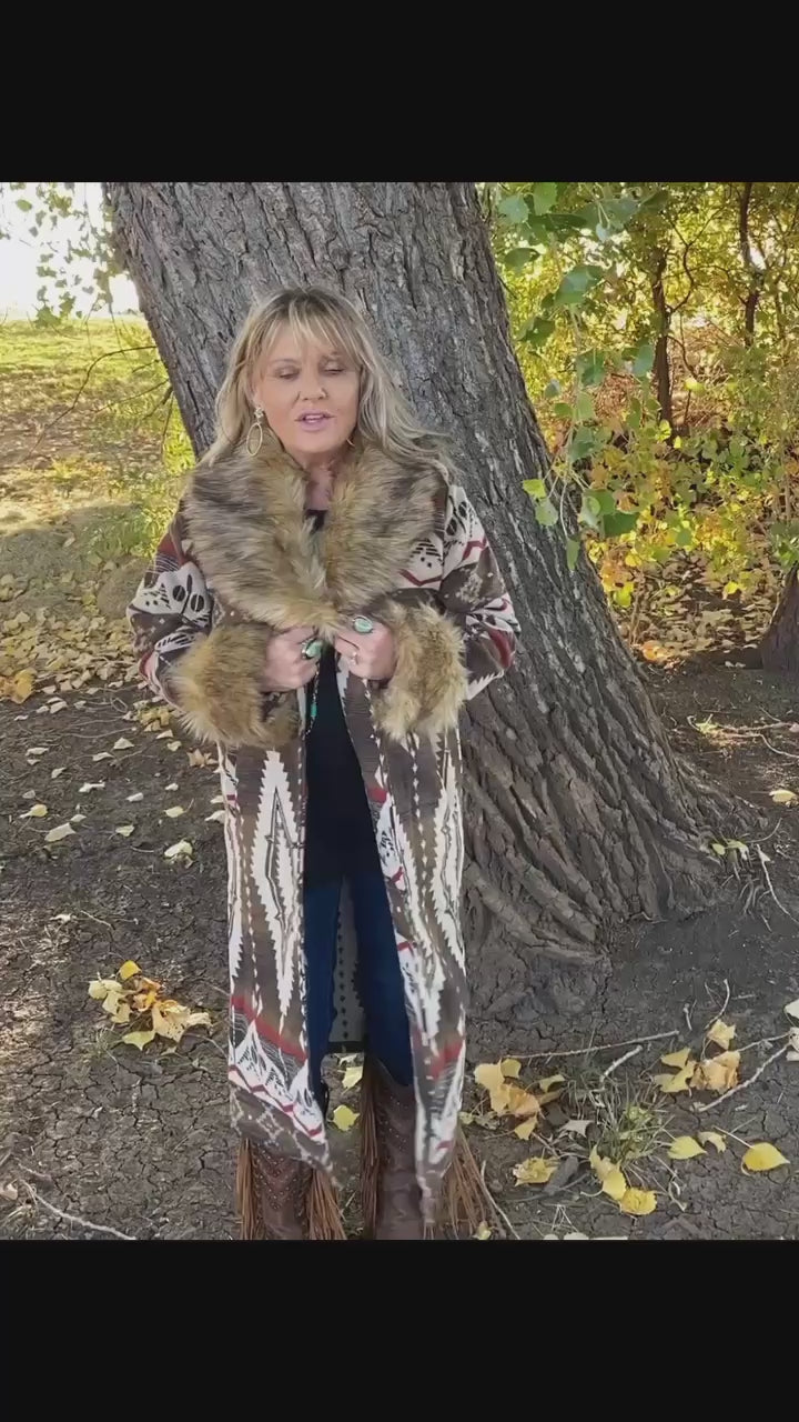 L&B Brown Aztec Duster/ Coat with Removable Fur