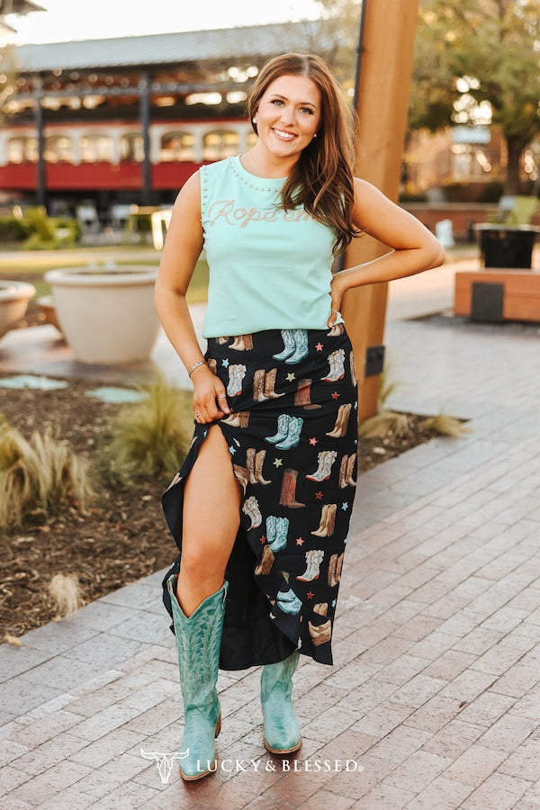 L&B Boot Print Midi Skirt with Side Slit