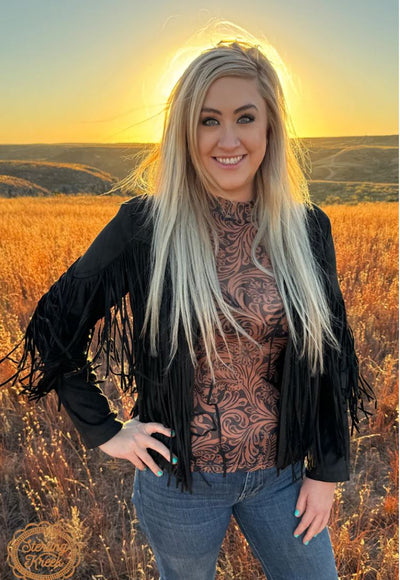 Country Road Tooled Leather Mesh Long Sleeve Top