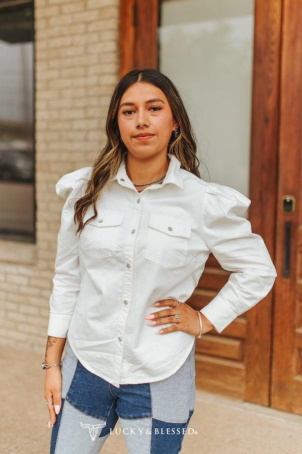 L&B Ivory Stretch Denim Puff Sleeve Pearl Snap Top