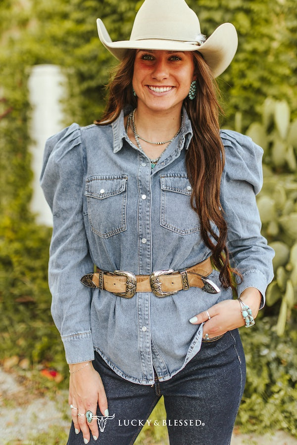 L&B Light Wash Stretch Denim Puff Sleeve Pearl Snap Top