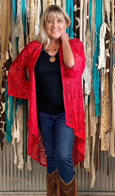 L&B Red Floral Lace Kimono- 3/4 Sleeve