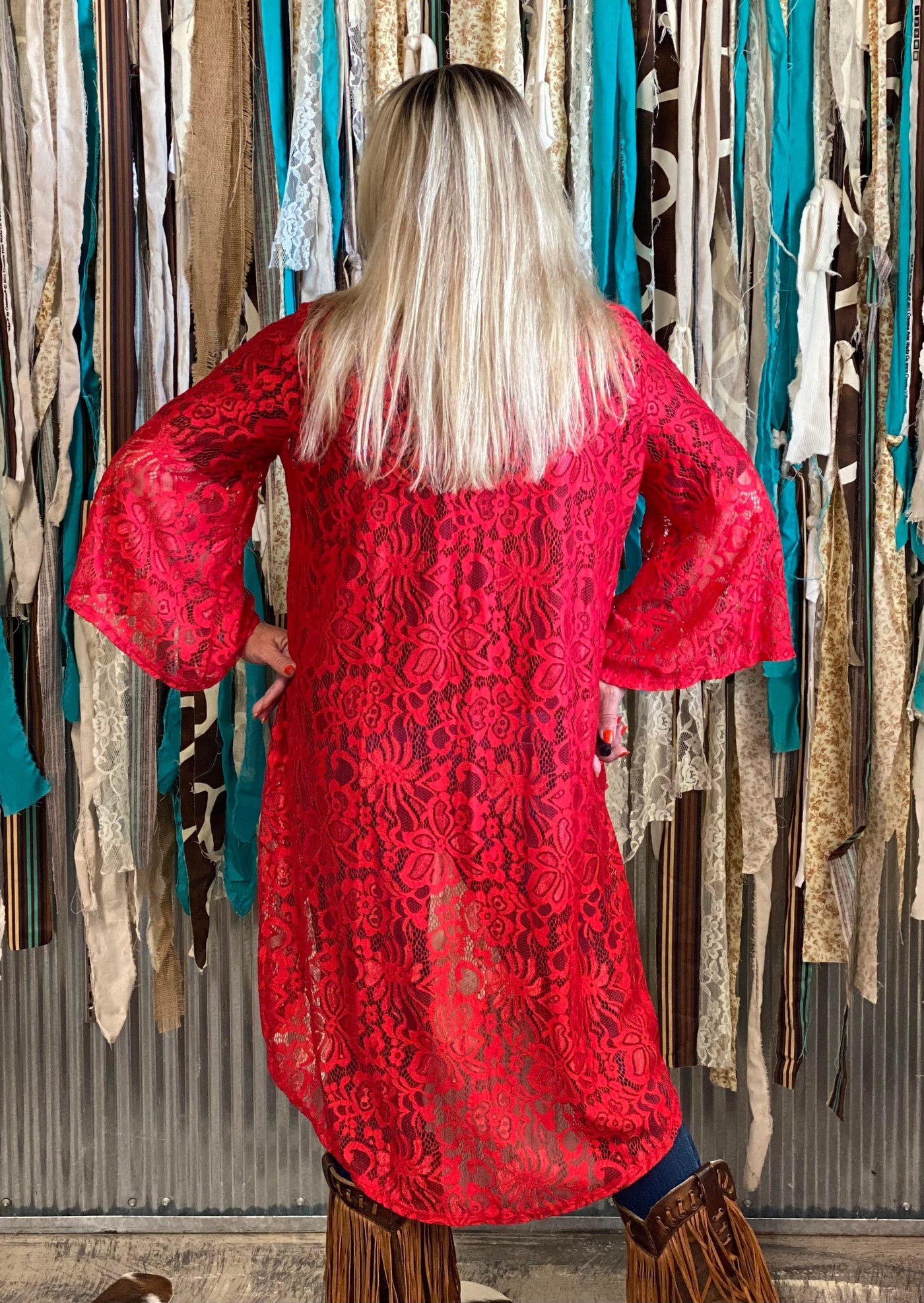 L&B Red Floral Lace Kimono- 3/4 Sleeve