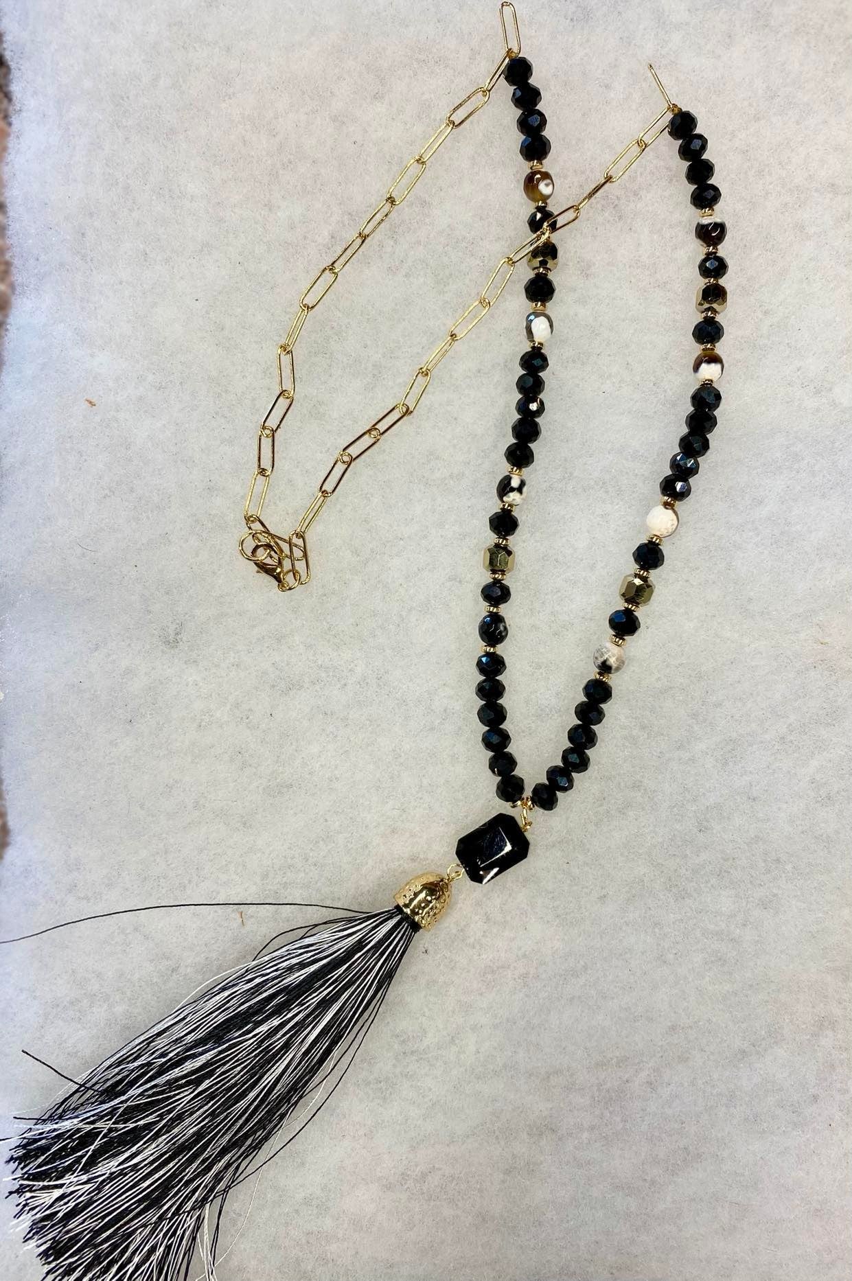 Black Tassel Necklace with Center Stone