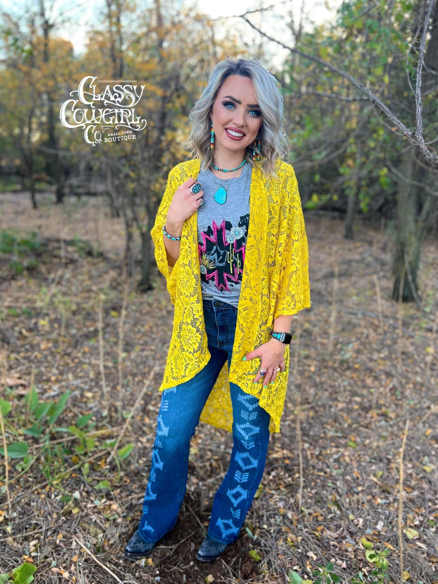 L&B Mustard Floral Lace Kimono with 3/4 Sleeve