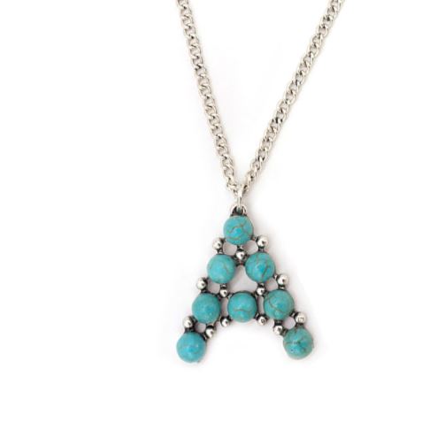 Letter "A" made of turquoise colored semi-stones on a simple chain