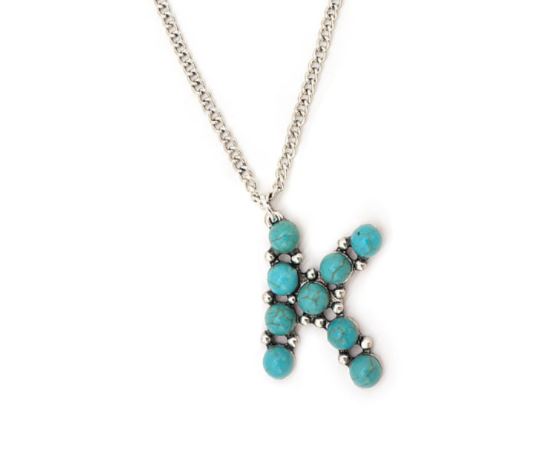 Letter "K" made of turquoise colored semi-stones on a simple chain