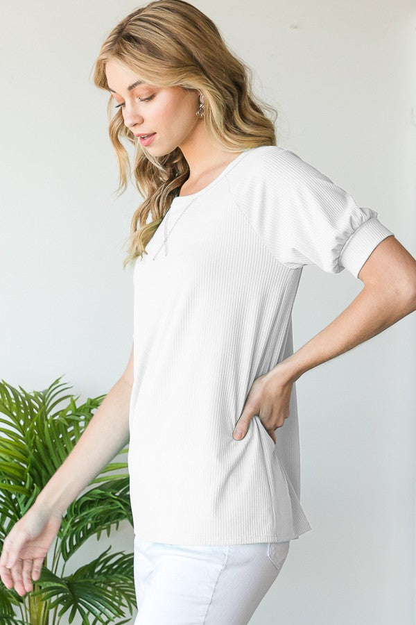 SALE- White Puff Sleeve Ribbed Top