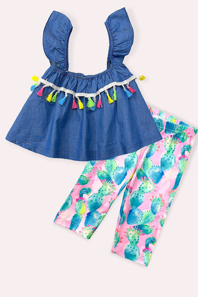SALE- Kids Chambray Tassel Top with matching Capris ( XL Only)