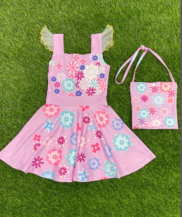 Kids Floral Twirl Dress with Matching Purse