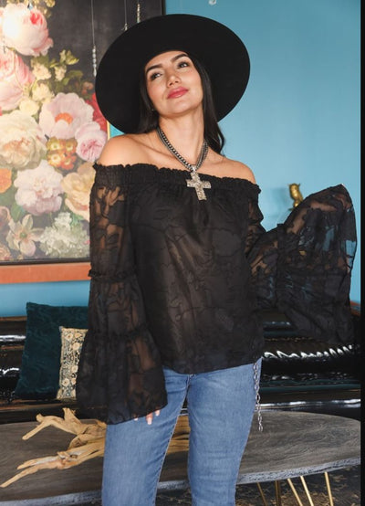 Black Floral Lace Bell Sleeve Top