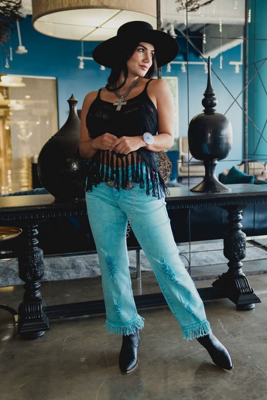 L&B Turquoise Distressed Boyfriend Jeans with Frayed Hem L17056
